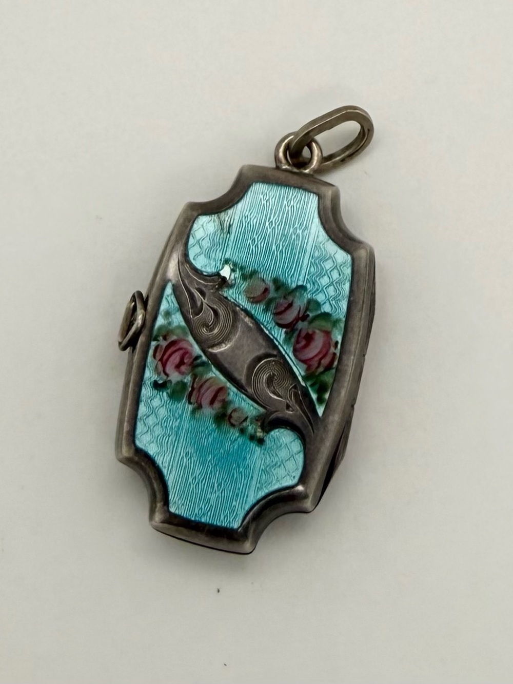 Vintage Sterling Silver Turquoise French Guilloché Enamel Rose Locket Pendant